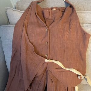 Rust Brown Button-Up two piece low back wide leg set